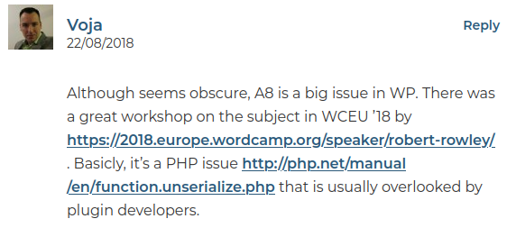 Comment by Voja. Citing Although seems obscure A8 is a big issue in WP. There was a great workshop on the subject in WCEU '18 by Robert Rowley